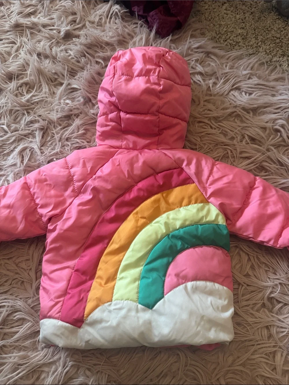 Girls Pink Puffer Jacket with Rainbow Back